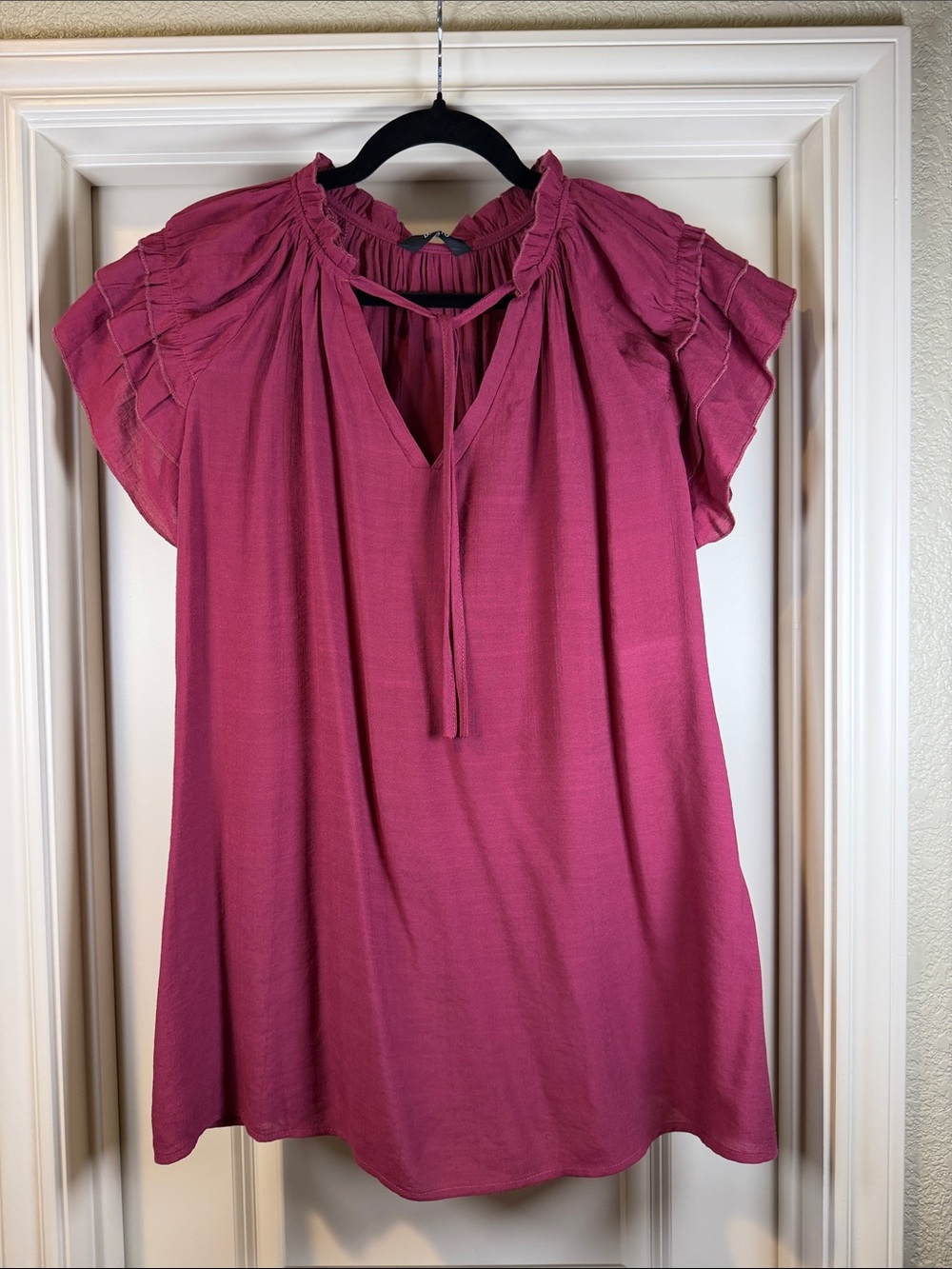 Tie-Neck Flutter Sleeve Blouse — Maroon - Size XL - Dokotoo